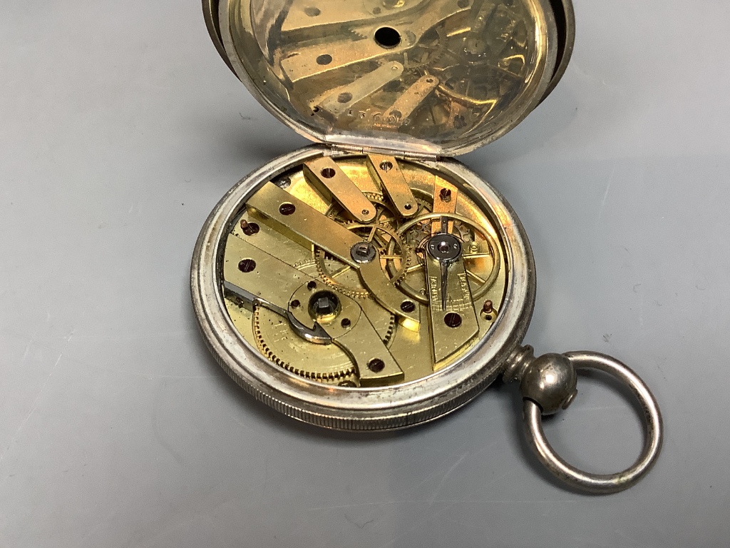 Two pocket watches including cased white metal, a pair of white metal and glass cufflinks and two other items.